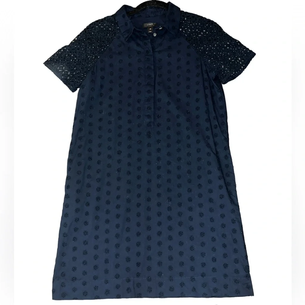 J. Crew Cotton Eyelet Dress w/Collar and Hidden Button Placket Size 4P Navy - Picture 3 of 14